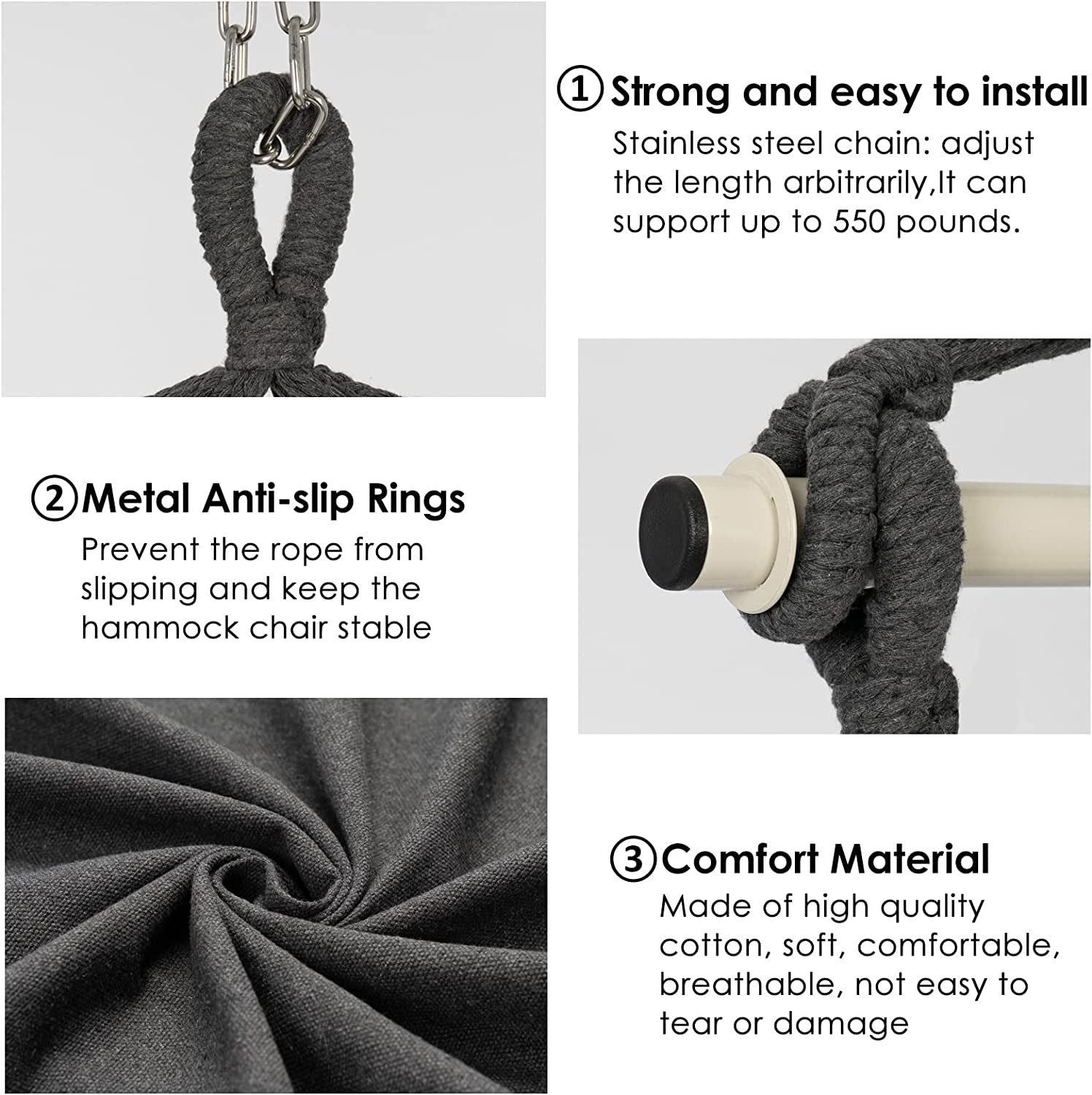 Close-up collage showing stainless steel chain, carabiner, spreader bar end and dark grey cotton-blend fabric