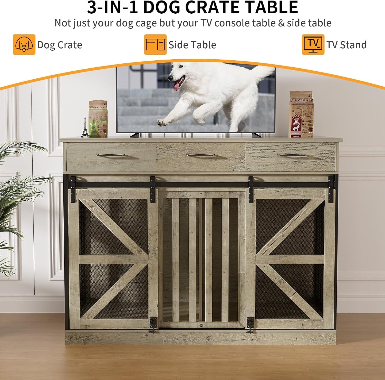 Front-on view of the three-door farmhouse dog crate used as a TV stand with drawers on top.