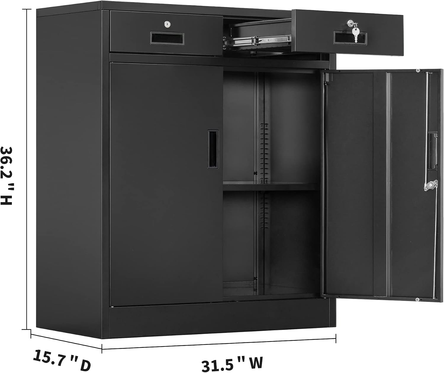 Black cabinet angled front view with top drawer open and printed dimension markers showing height and width