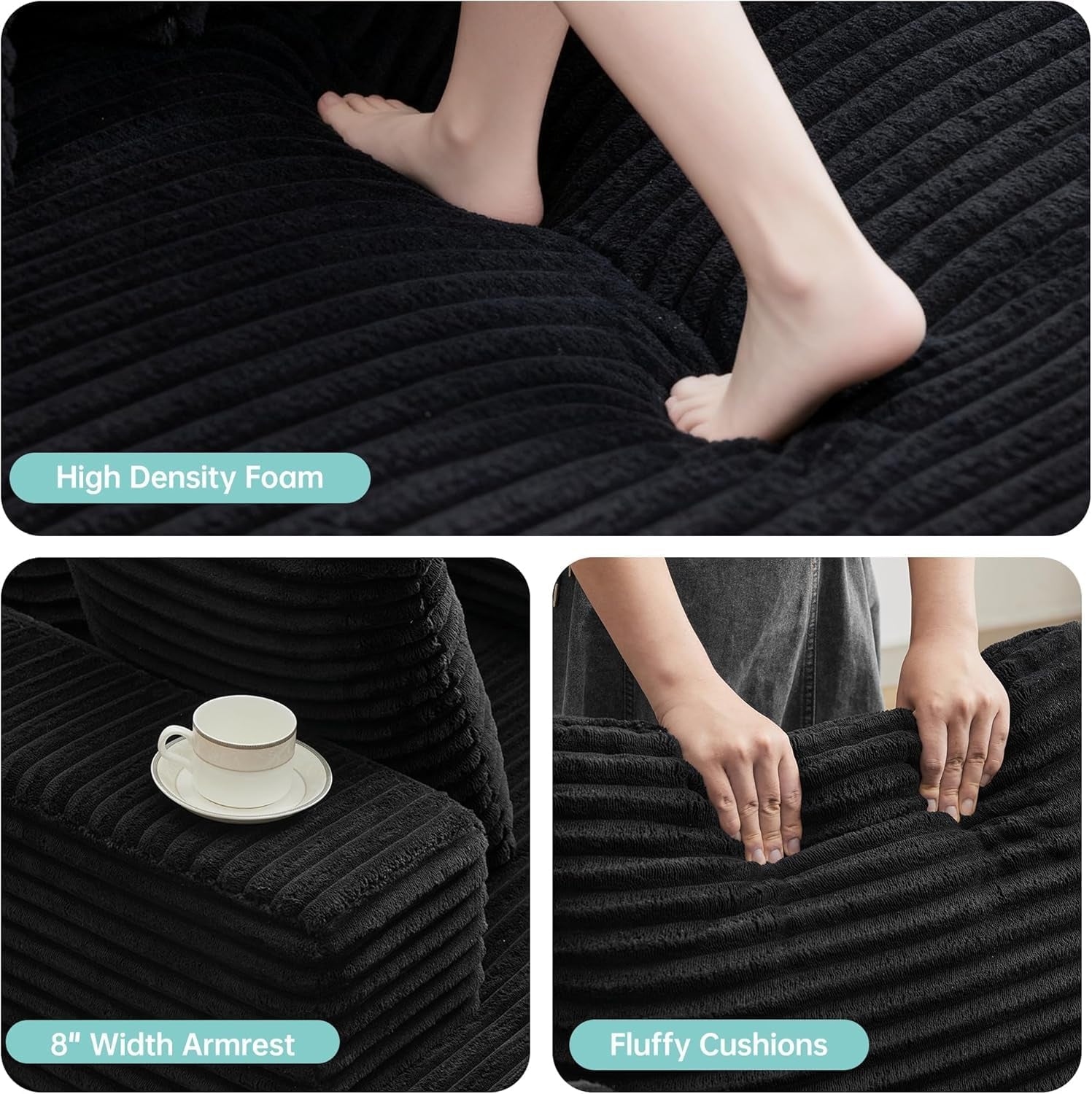 Close-up of black ribbed corduroy seat surface and hands pressing foam