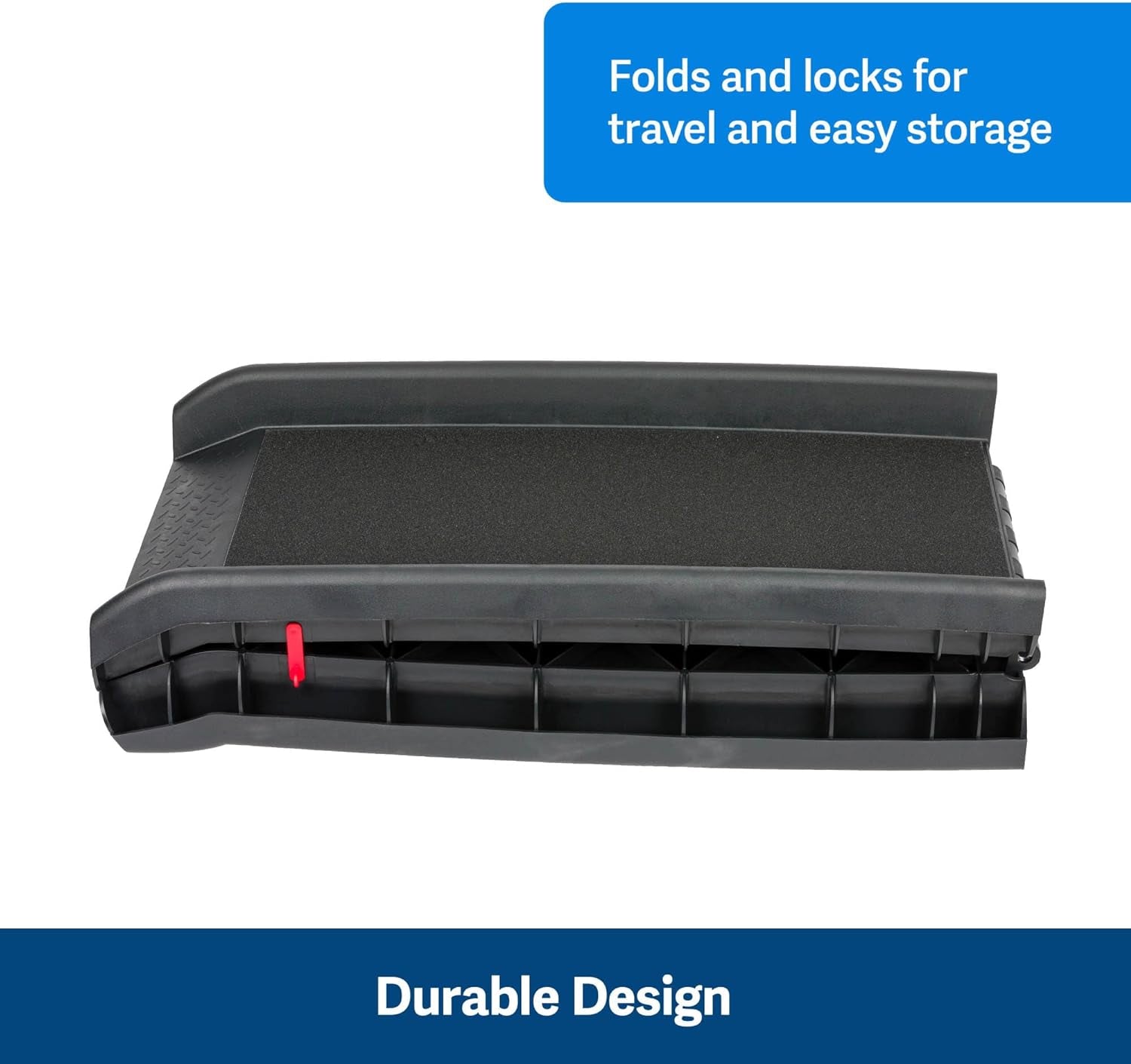 Ramp folded in half showing compact locked profile with a visible red safety latch