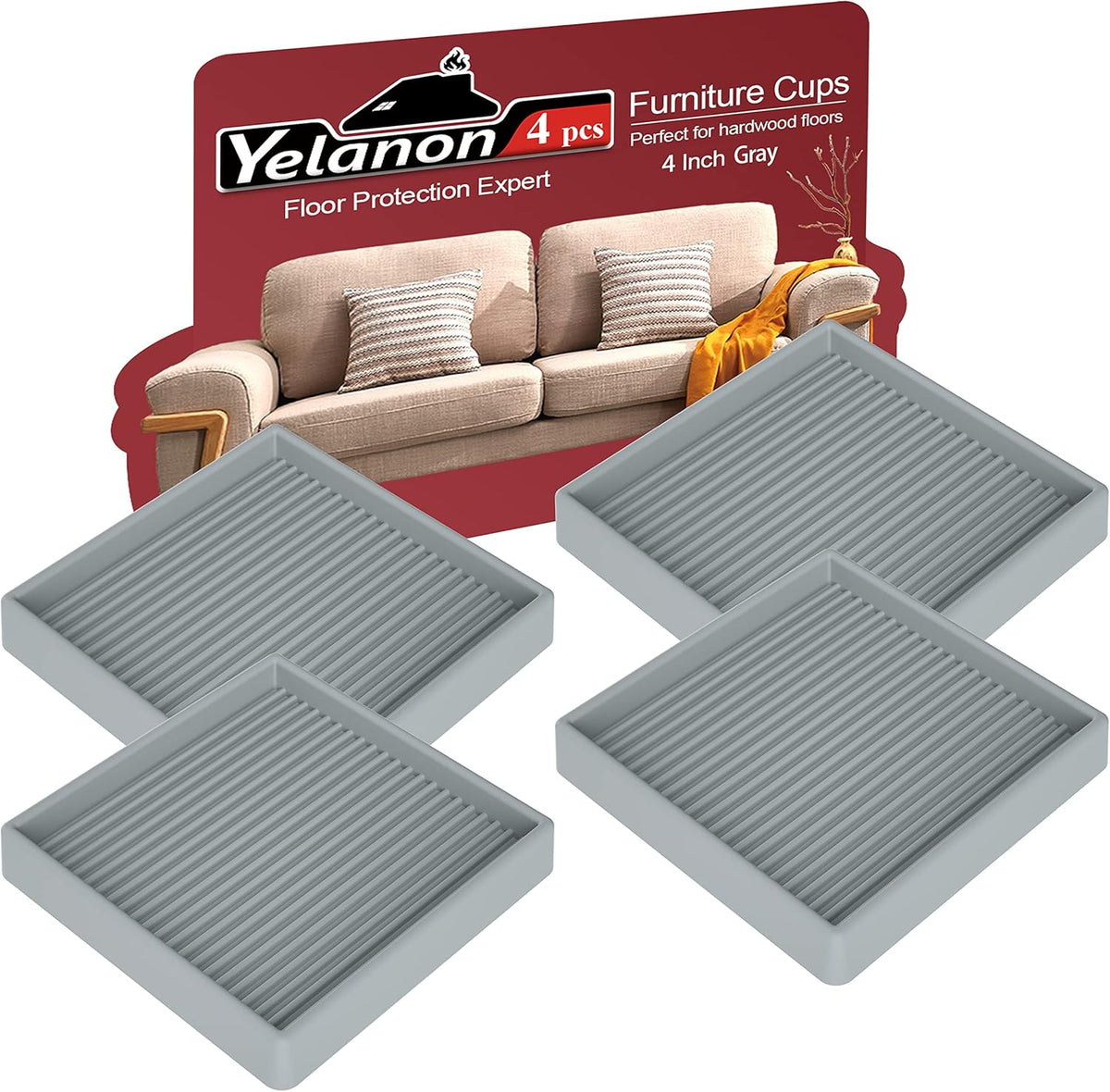 Four square light gray ribbed furniture cups arranged in front of a red product display with a sofa illustration.