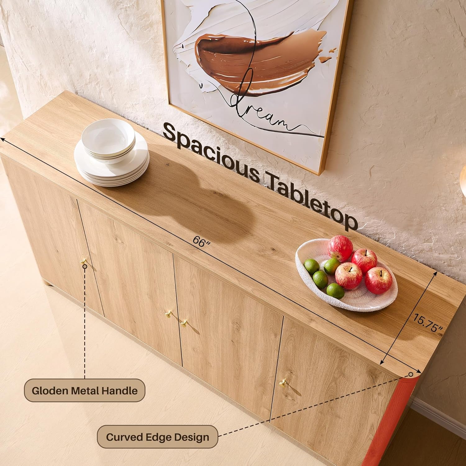 Top-down perspective showing the spacious 66-inch tabletop, curved edge and 15.75-inch depth.