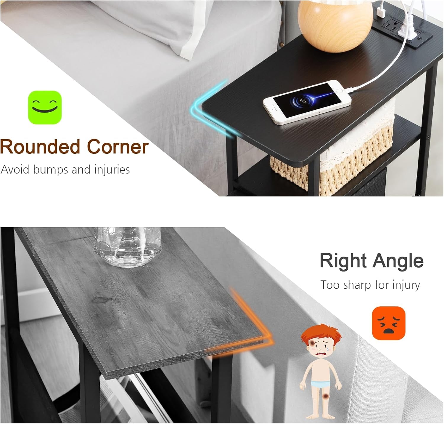 Graphic showing rounded corner versus right angle with text about avoiding bumps and injuries