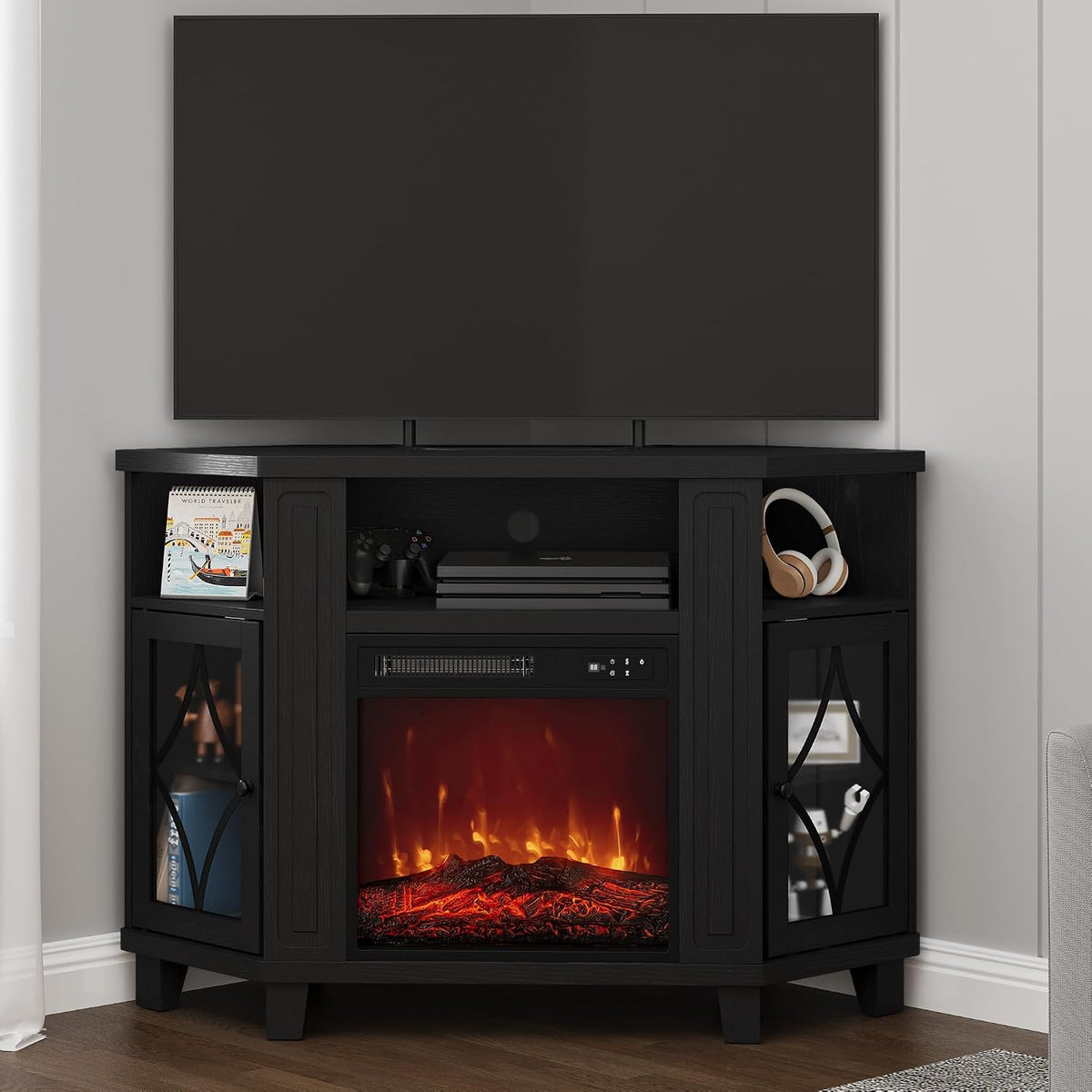 Front view of the same corner TV stand in black with a glowing electric fireplace and accessories on open shelves.