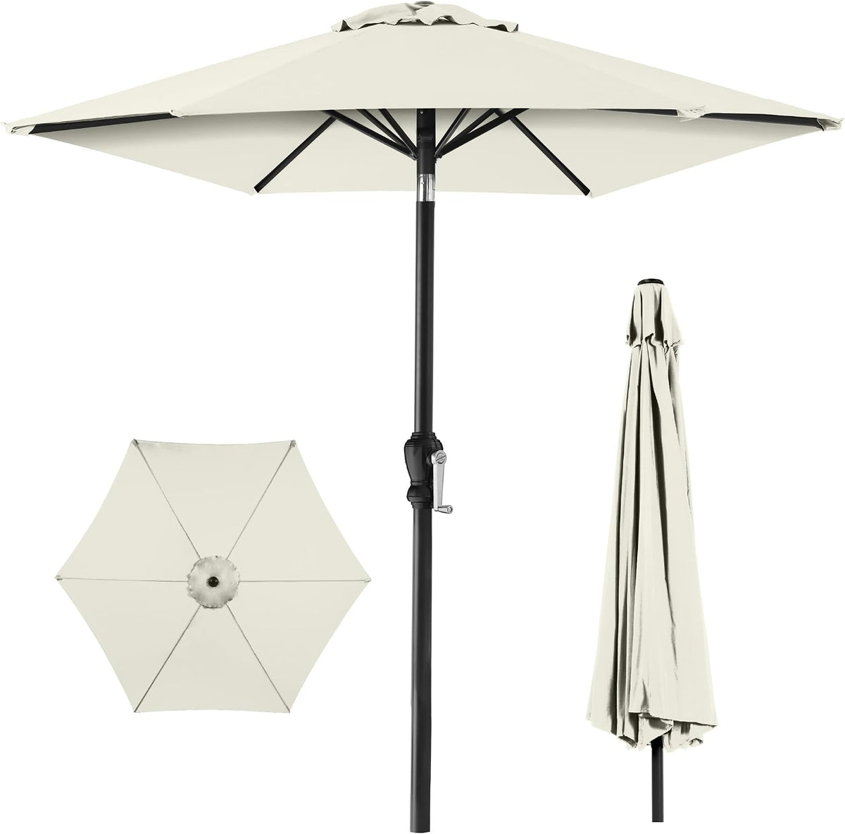 Ivory canopy umbrella open over a black pole, inset top-down view and closed umbrella at right