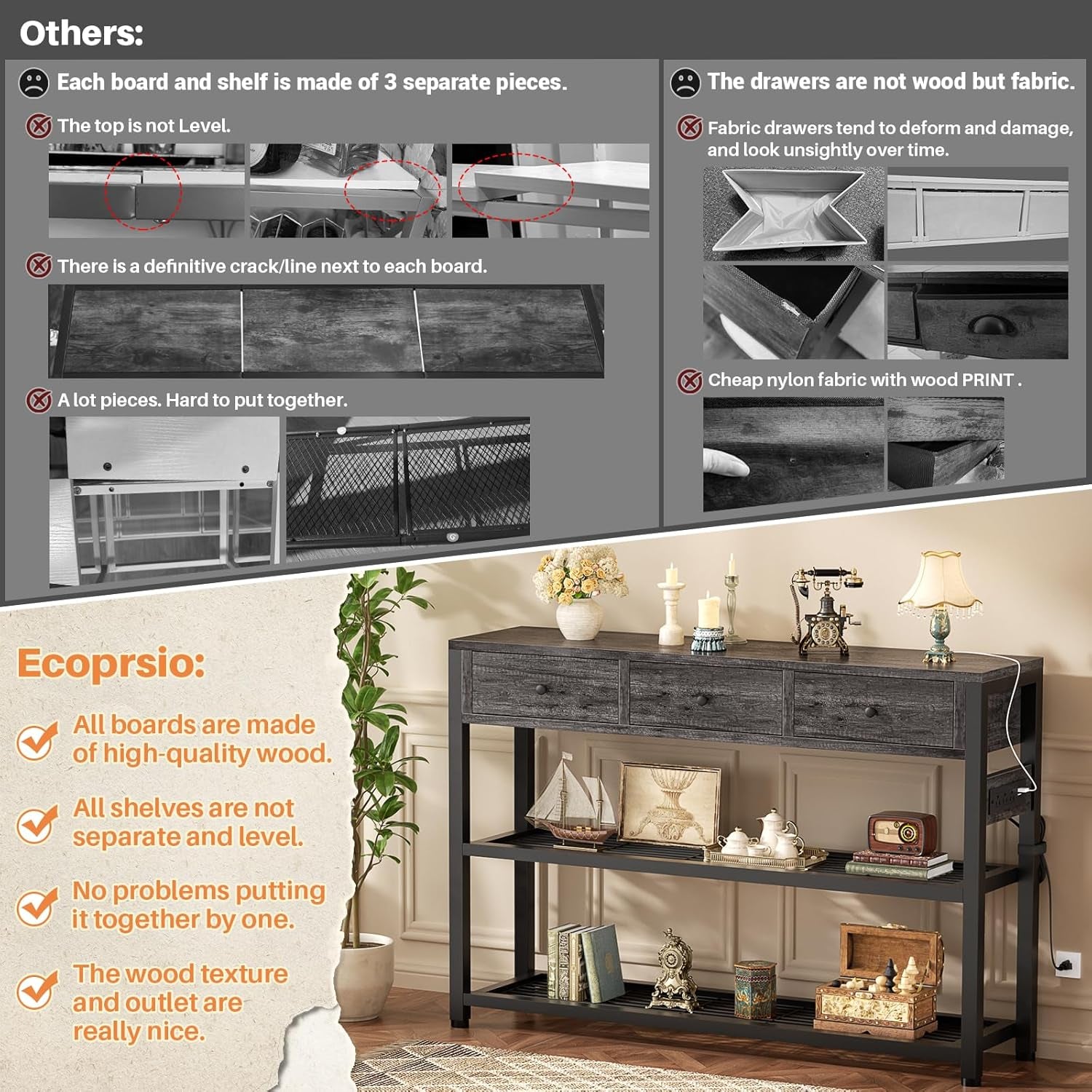 Comparison graphic showing construction and assembly callouts alongside a styled grey console table image