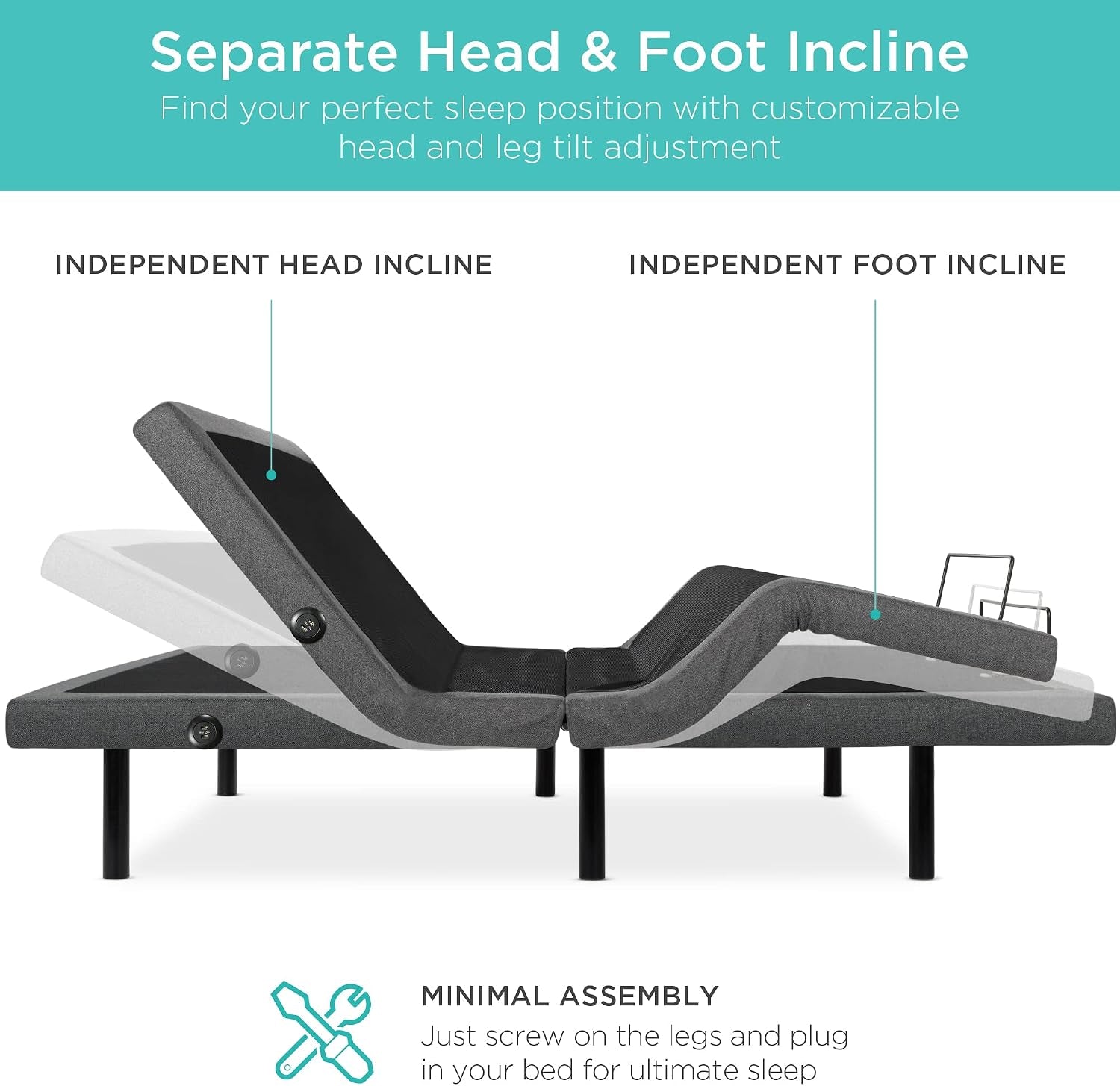 Side profile of adjustable base demonstrating independent head and foot incline with multiple position overlays