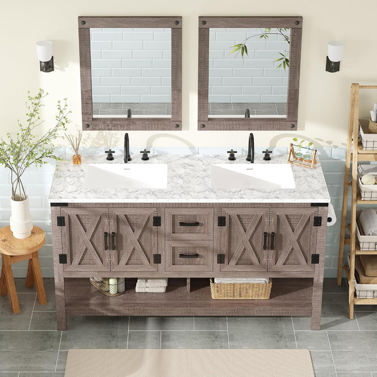 AMERLIFE 48" White Farmhouse Double Sink Bathroom Vanity, Solid White Top | Antique White, Solid White, gallery view 15