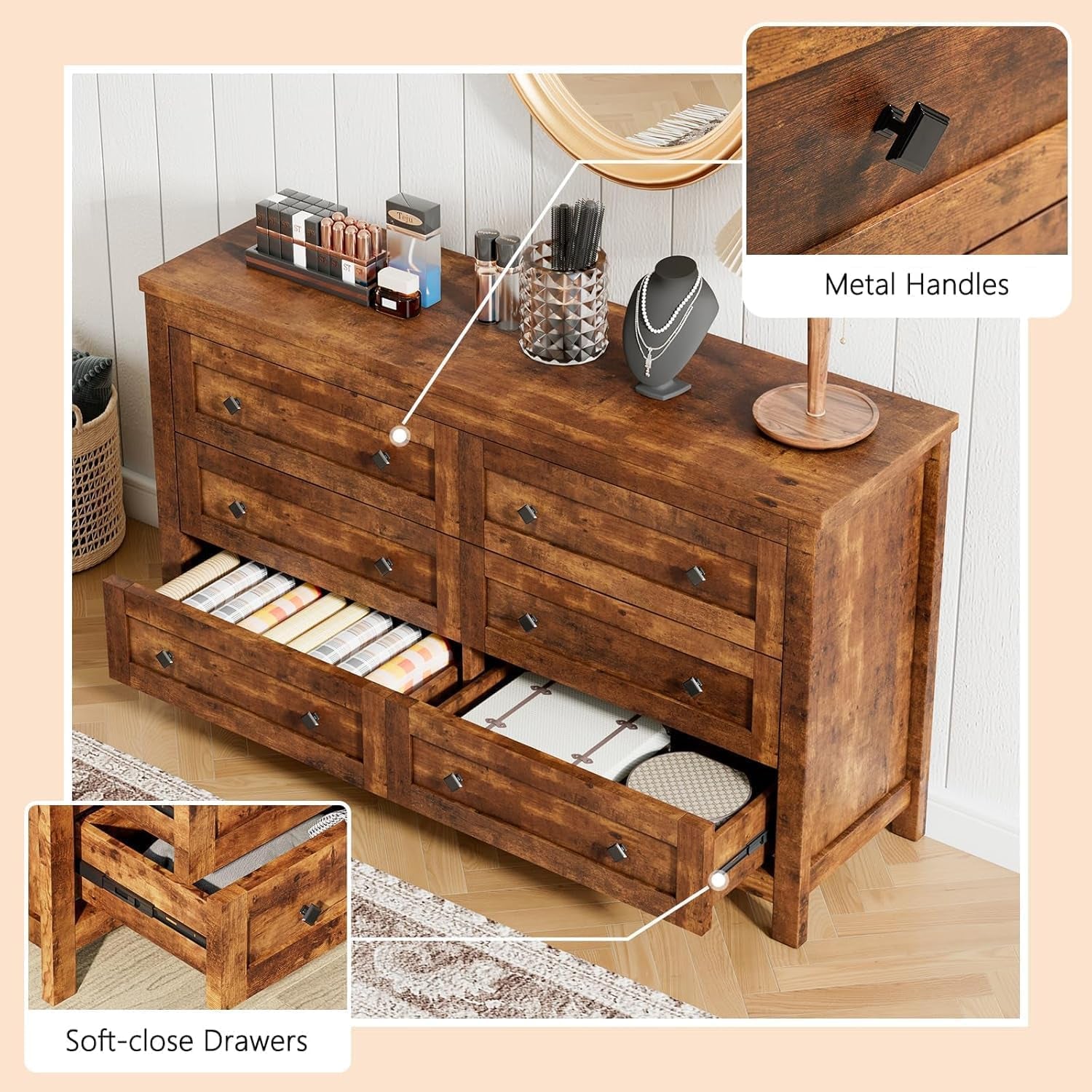 Angled view of a six-drawer wood dresser with metal square handles and an open lower drawer showing stored items