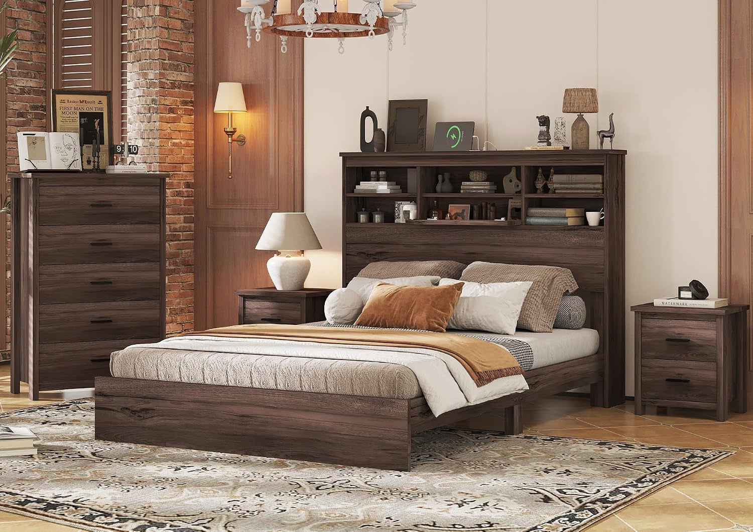 Dark walnut queen bedroom set with platform bed, headboard shelving, dresser and nightstands in a staged room