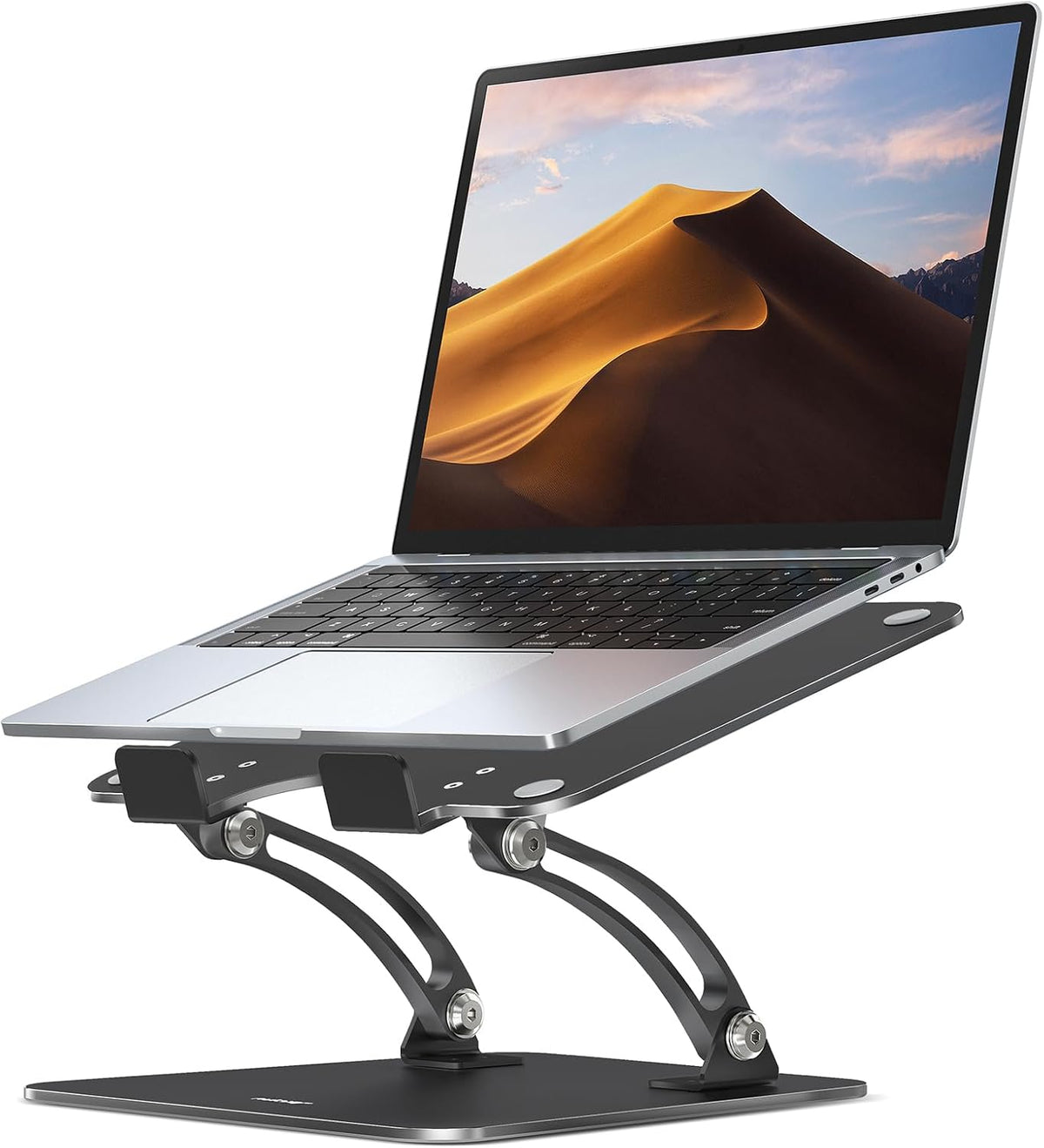 Cropped front-right view of a laptop on a black stand showing slim platform, front rubber hooks and curved dual supports.