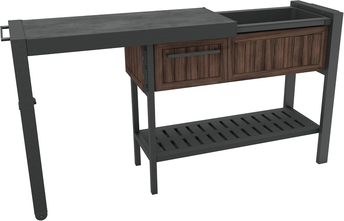 Rendered side-angle of the unit with an extended sliding tabletop, wood-look drawers and a slatted lower shelf.