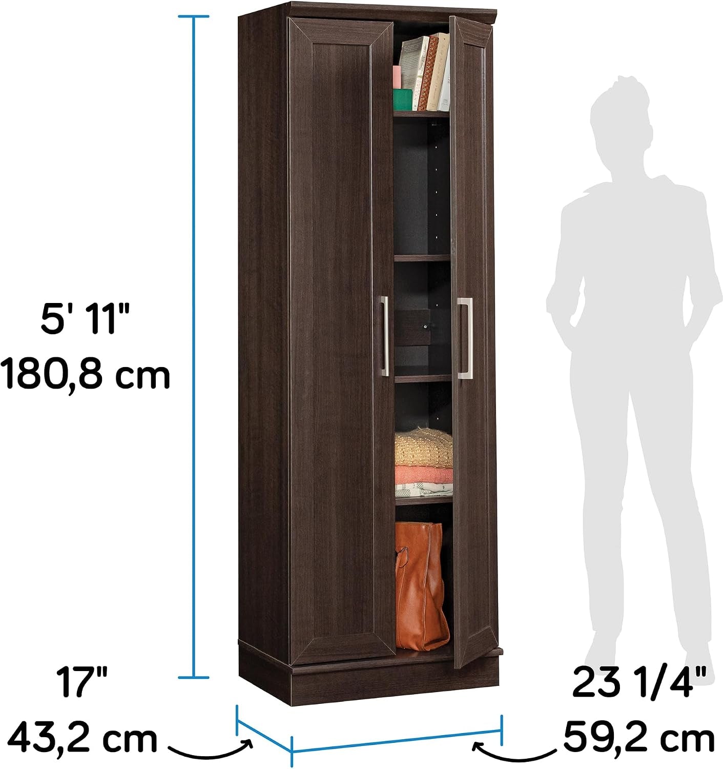 Tall storage cabinet with one door open showing interior shelves and size callouts beside a human silhouette.