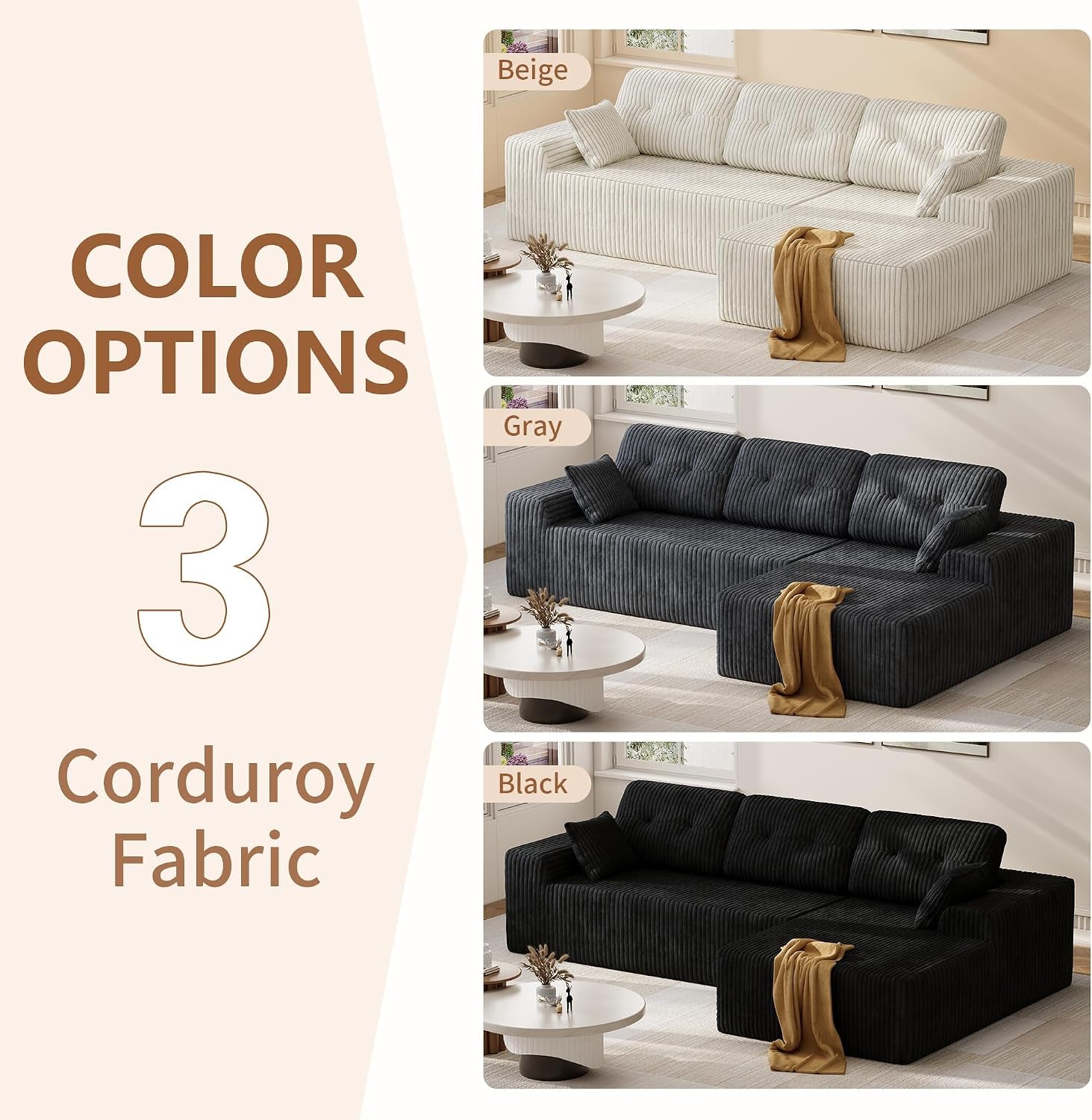 106" L-Shaped Modular Sectional Sofa, Boneless Cloud Couch | with Deep Seat, Corduroy Fabric, 18" Seat Height, 32D Foam & Pocket Spring Support, Right Facing Chaise for Living Room