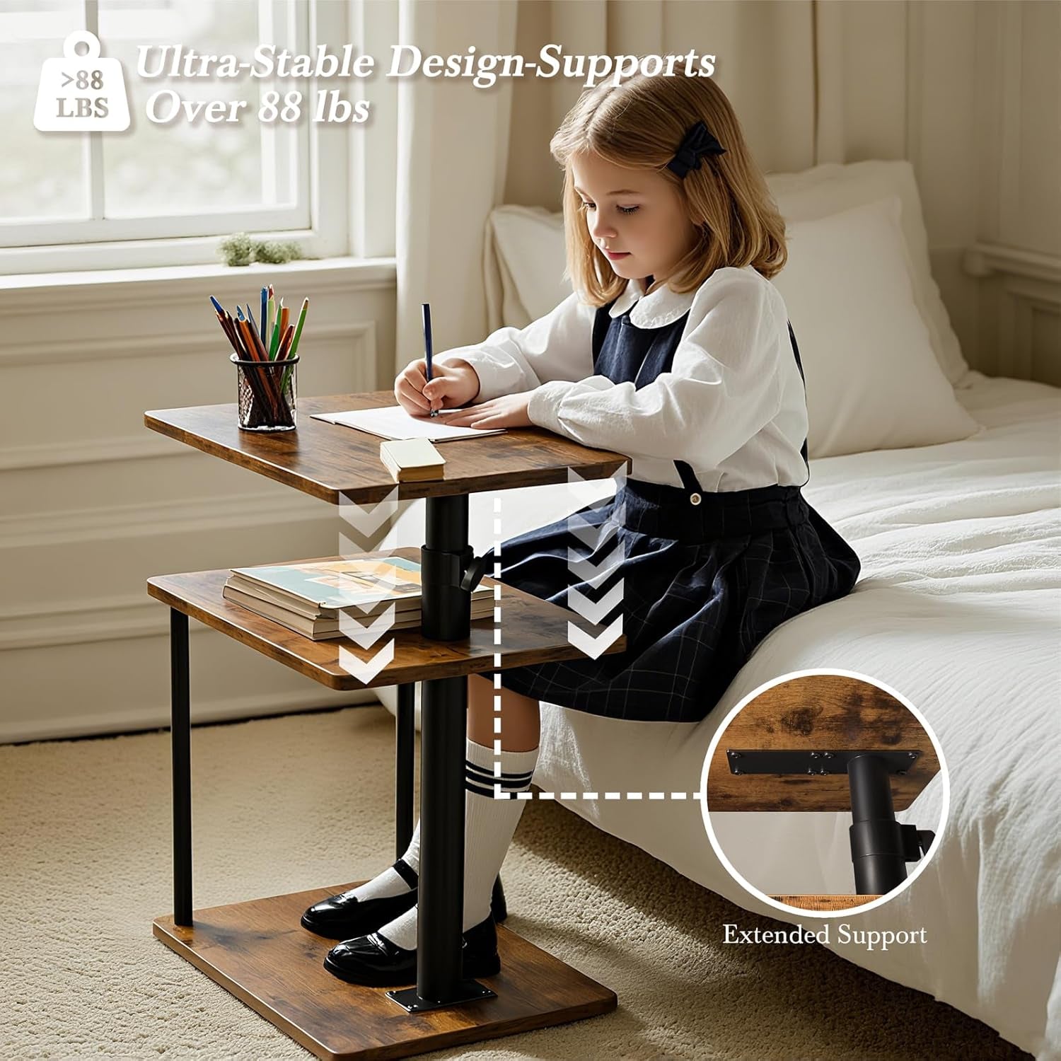 Child seated using the adjustable top of the wood-and-metal side table with arrow overlay highlighting adjustable column