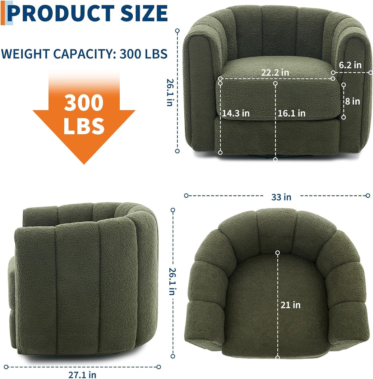 Diagram with measurements showing 33 in width, 26.1 in height and 27.1 in depth of the green swivel chair