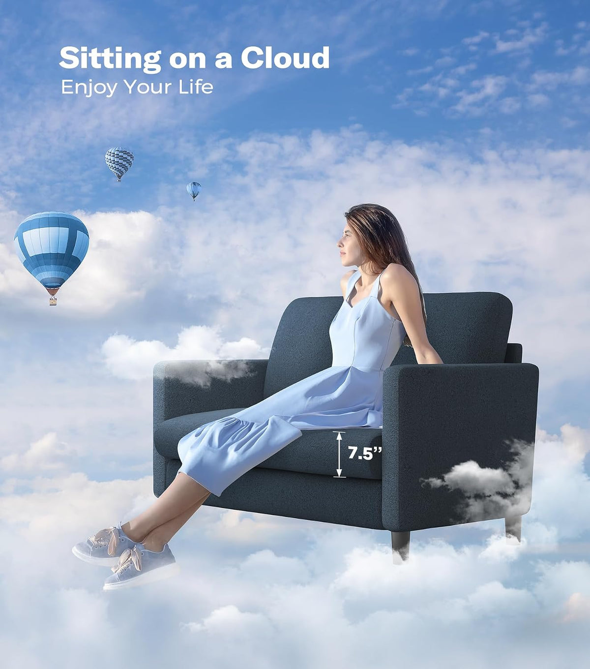 Woman reclining on a blue-gray loveseat set among clouds, a seat-height arrow graphic appears by the cushion.