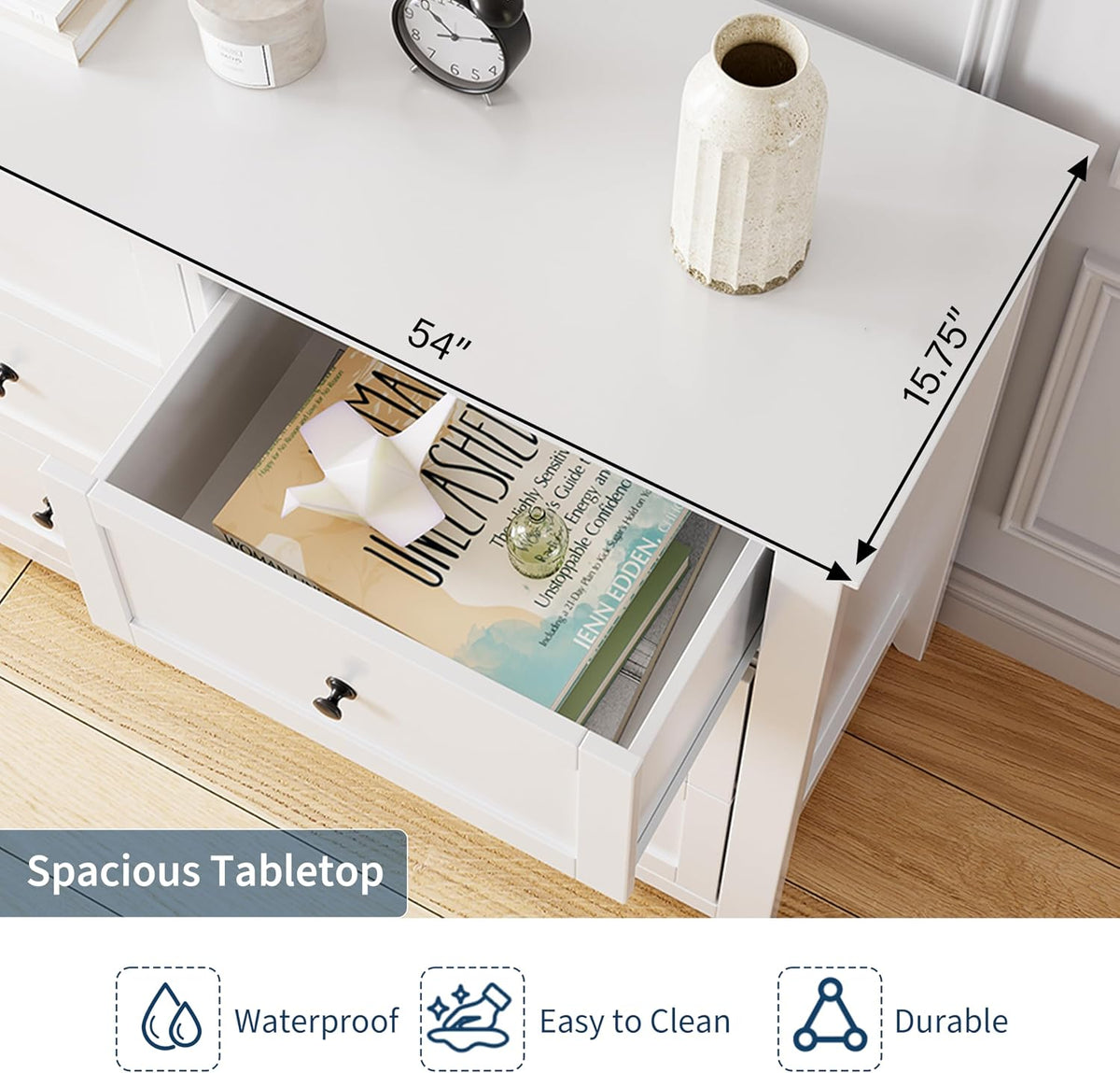 Top-down view of an open drawer with tabletop dimensions marked at 54 by 15.75 inches