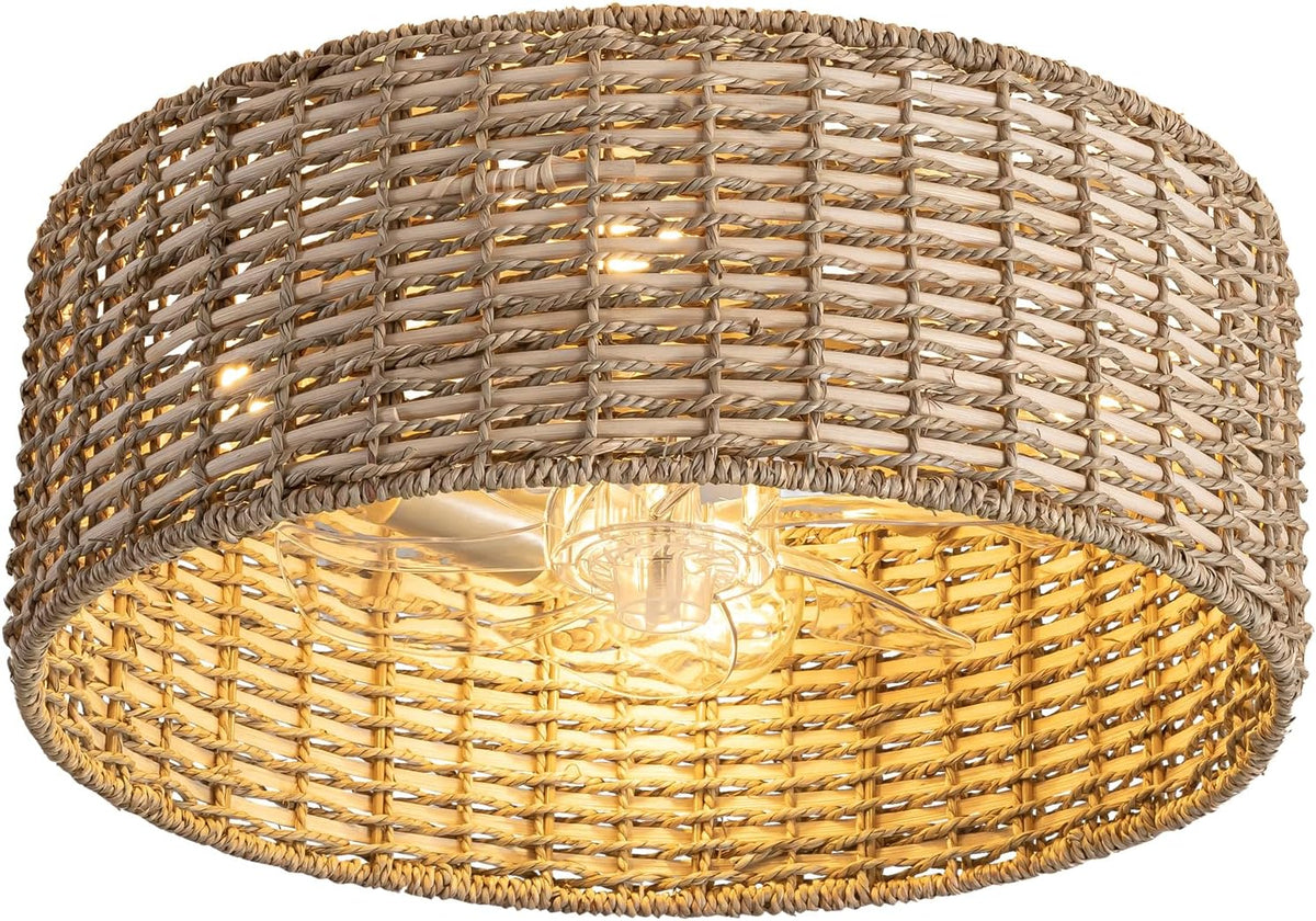 Isolated studio view from below of the natural woven shade highlighting the weave pattern and clear blades.