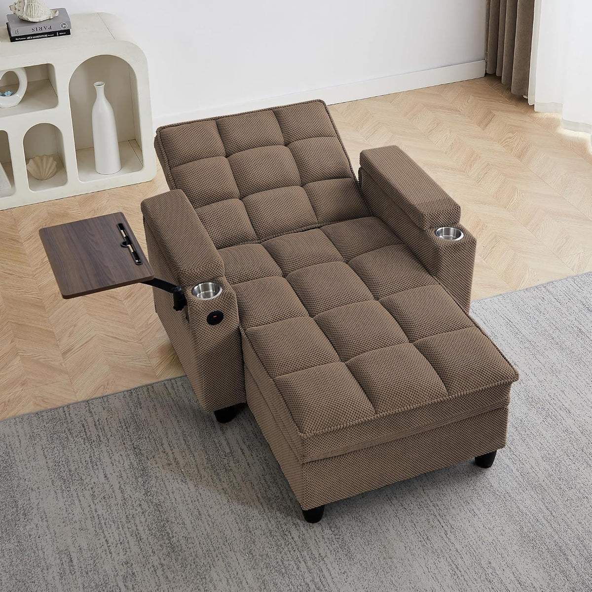Reclined brown chenille chaise lounge with tufted seat, swivel tray table and visible armrest details