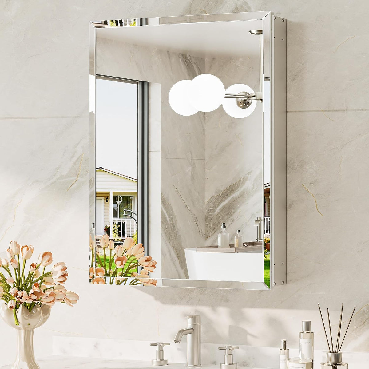 Close angled view of a mirrored medicine cabinet with beveled frame reflecting a window, flowers, and bathroom fixtures.
