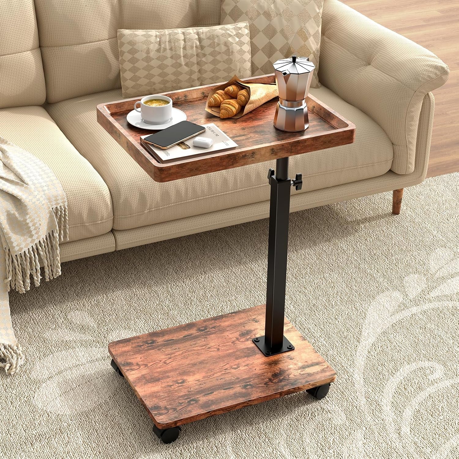 C-shaped side table with wood-finish top and base beside a beige sofa, angled front view