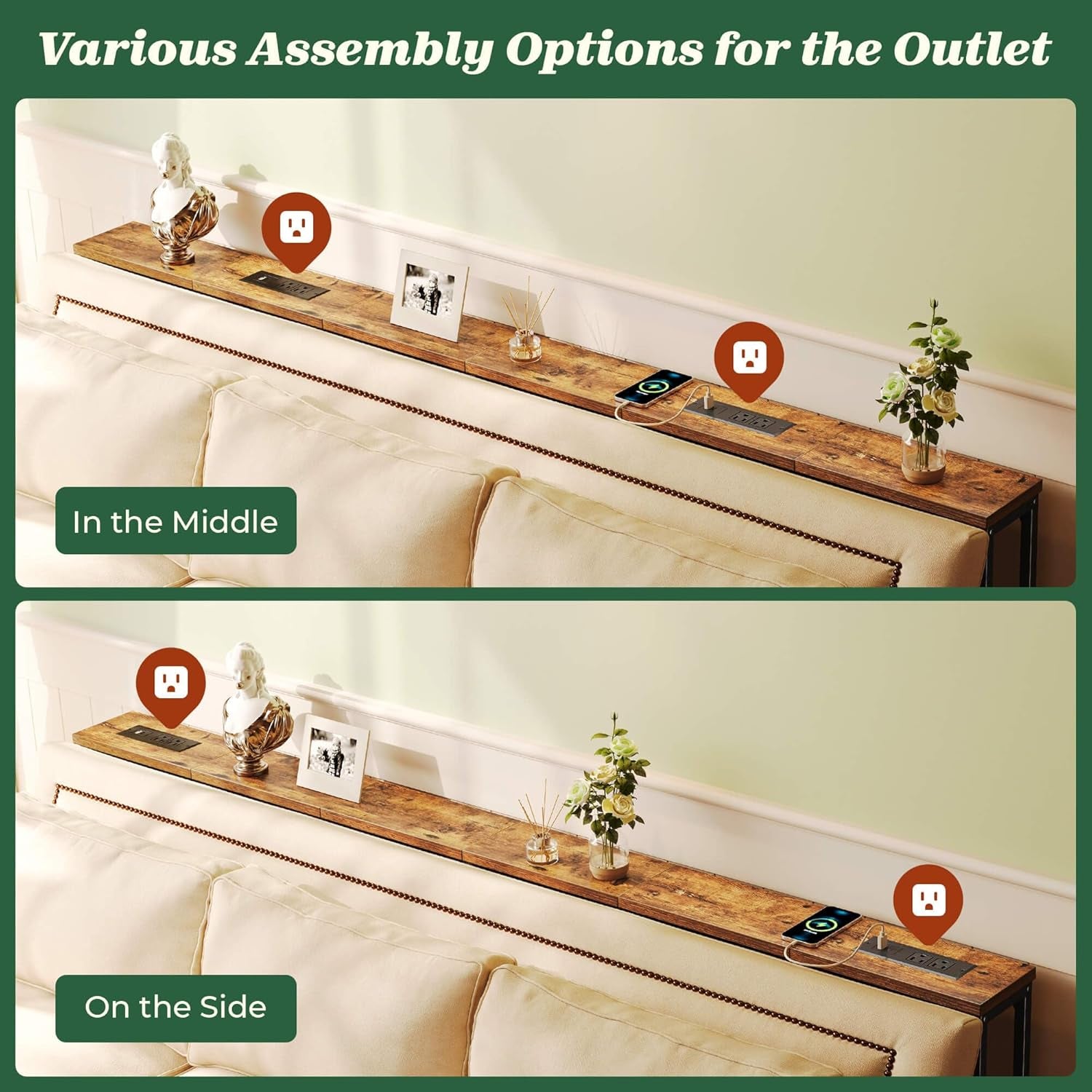 Long narrow console table behind a sofa with wood top, outlet modules shown and small decorative items on top.