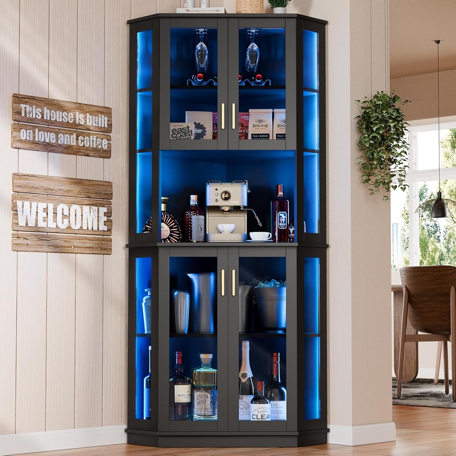 Black corner wine bar cabinet with blue RGB lighting visible through tempered glass doors, angled front view in a dining area