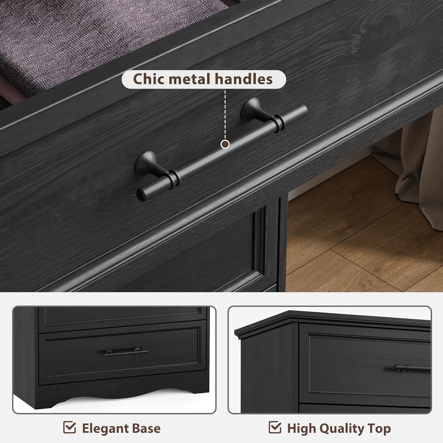 Close-up of a chic metal drawer handle and the textured drawer front in black finish