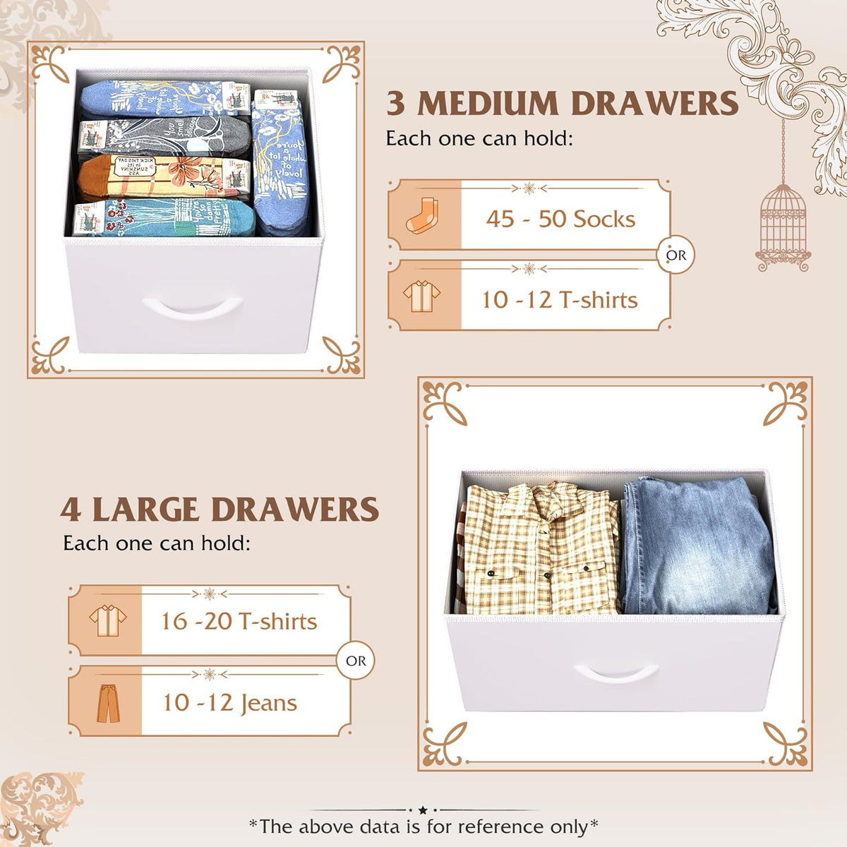 Illustration of white fabric drawers with folded clothing and capacity labels