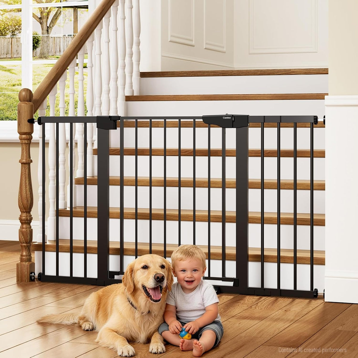 Black metal safety gate mounted at bottom of a staircase with a dog and toddler sitting in front
