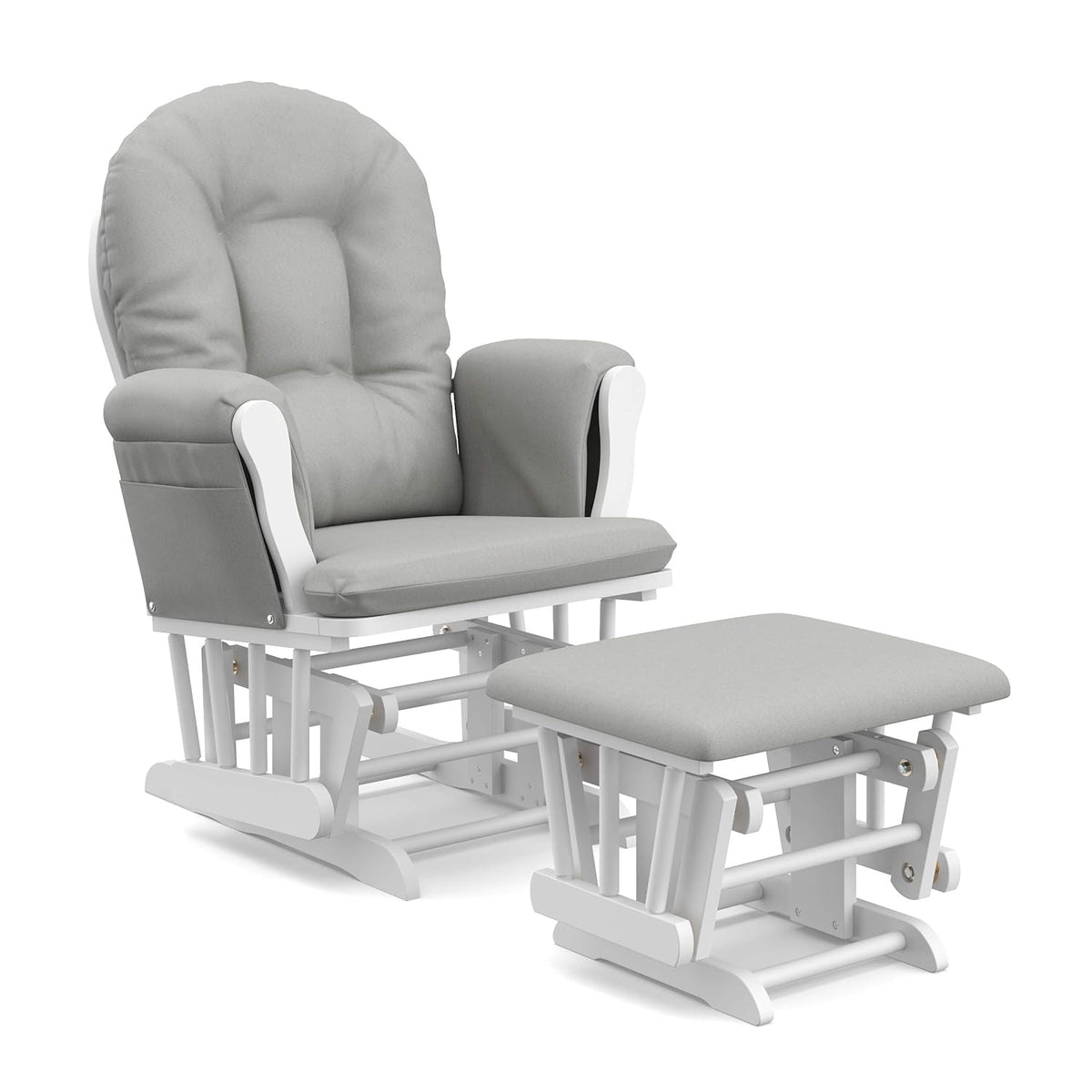 Glider and ottoman with painted white wood frame and pale gray cushions, shown on white background.