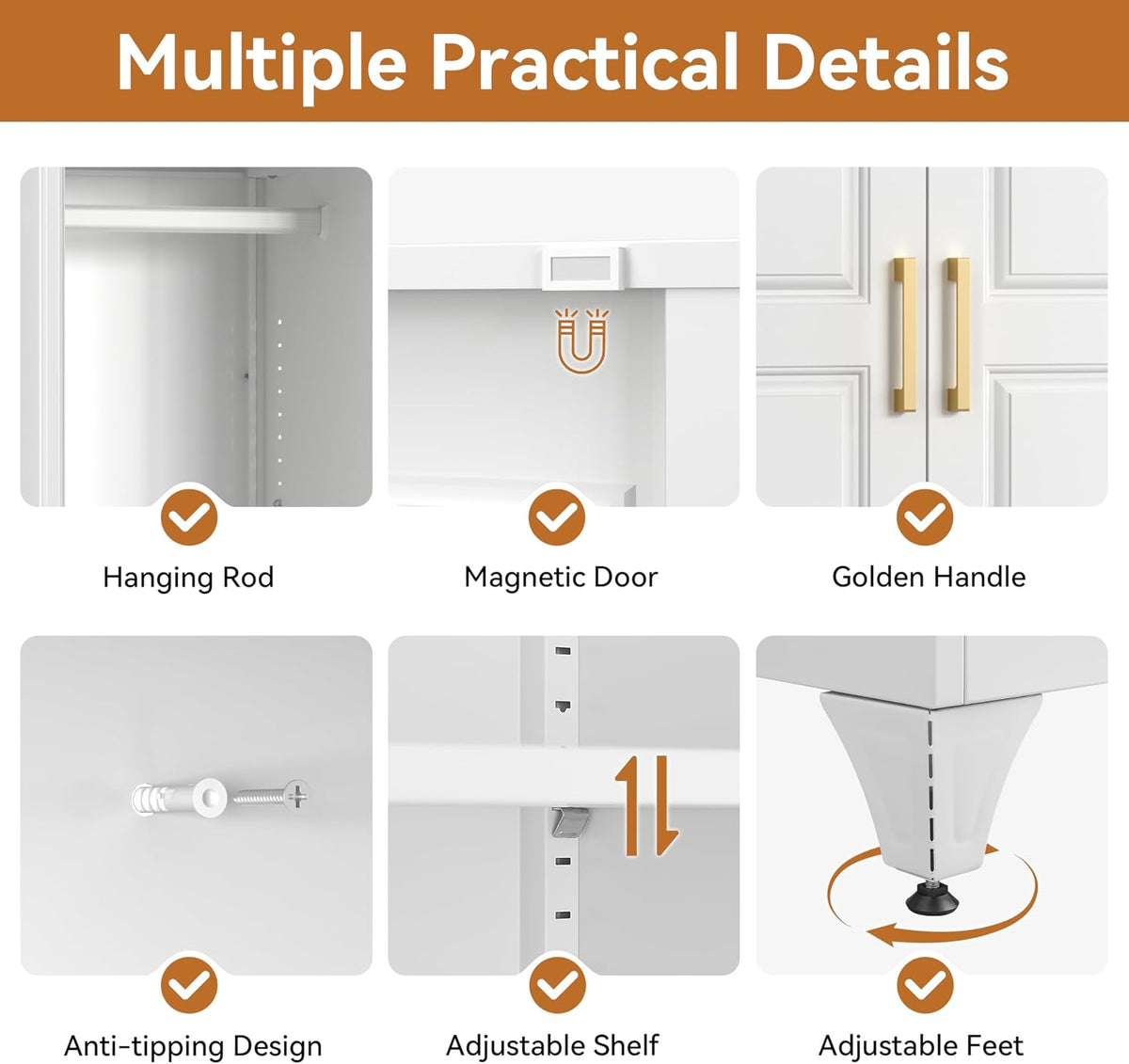 Six close-up panels showing wardrobe features: hanging rod, magnetic latch, gold handles, anti-tip anchor, adjustable shelf