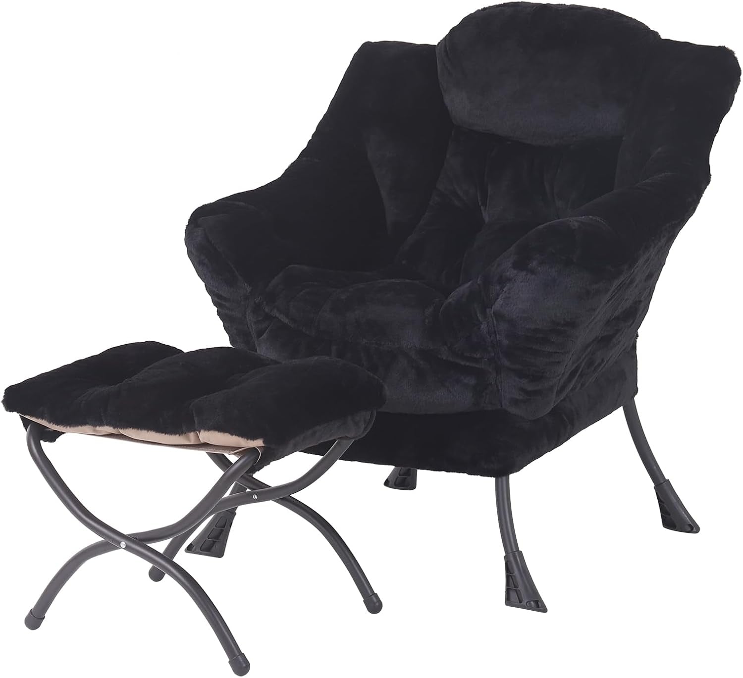 Black plush lounge chair with matching cushioned ottoman on dark metal X-frame legs.