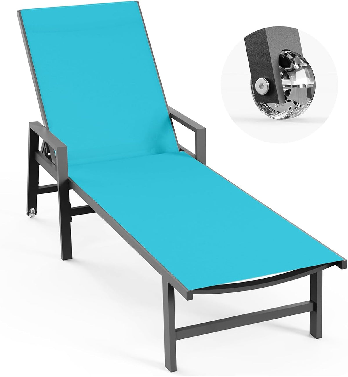 Single turquoise chaise shown from a low front angle highlighting the full length seat