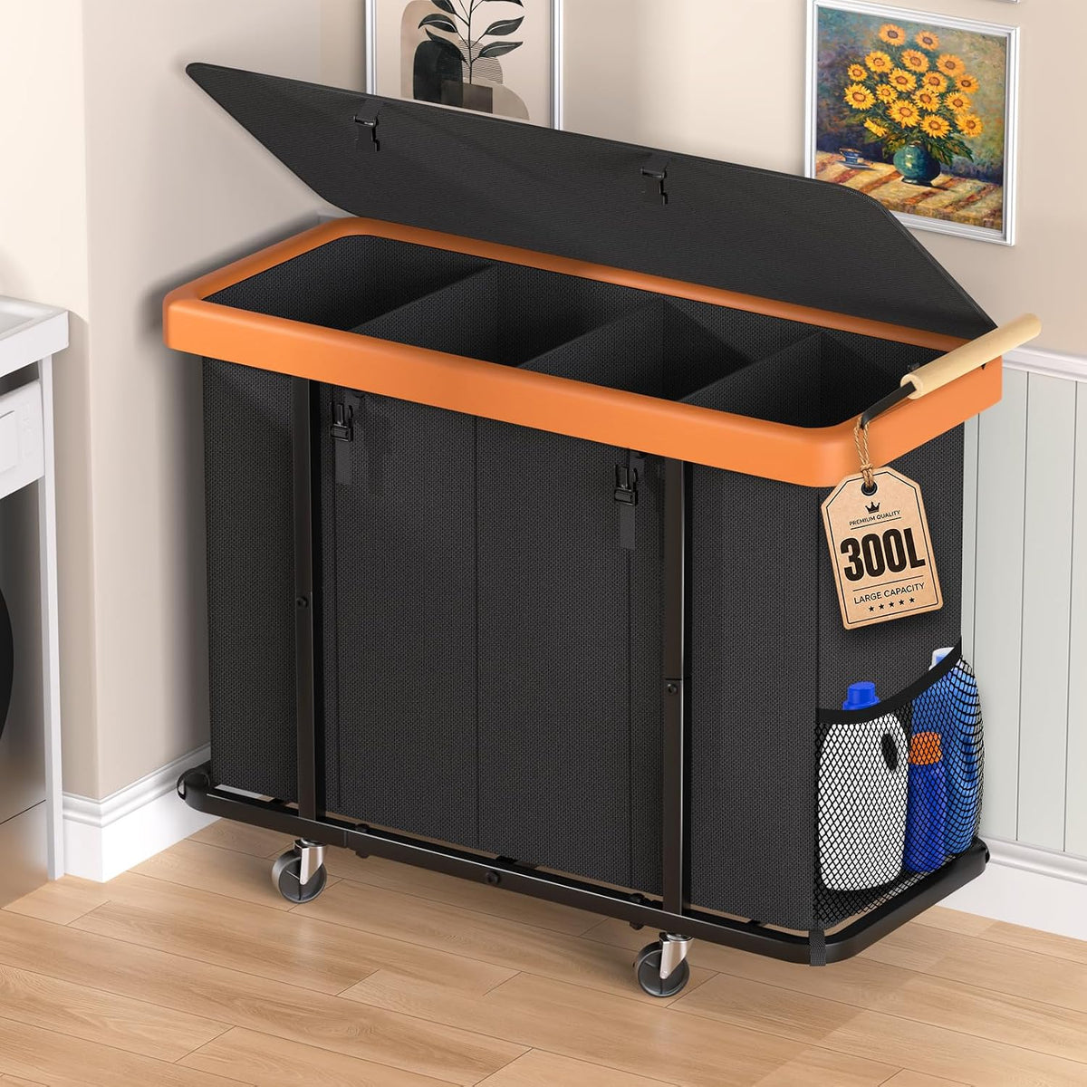 Angled top-down view into three empty compartments with lid raised and a 300L tag hanging from the handle