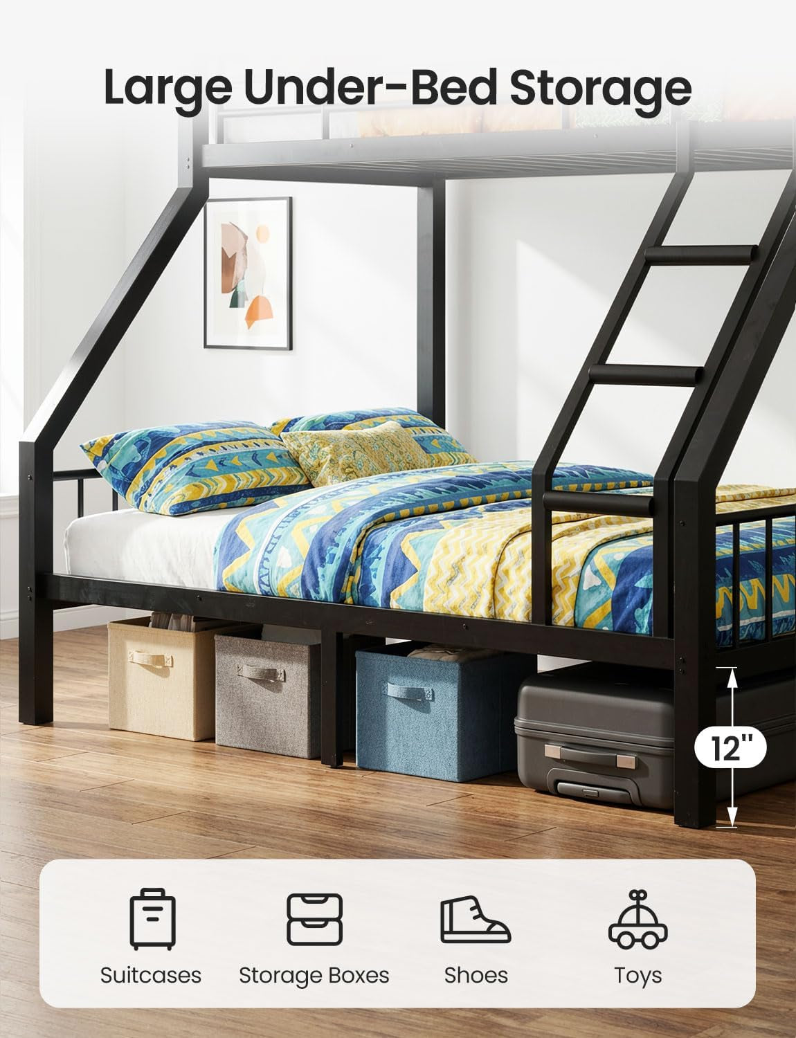 Bedroom view of the lower queen bed with colorful striped bedding and storage boxes and a suitcase beneath the raised top