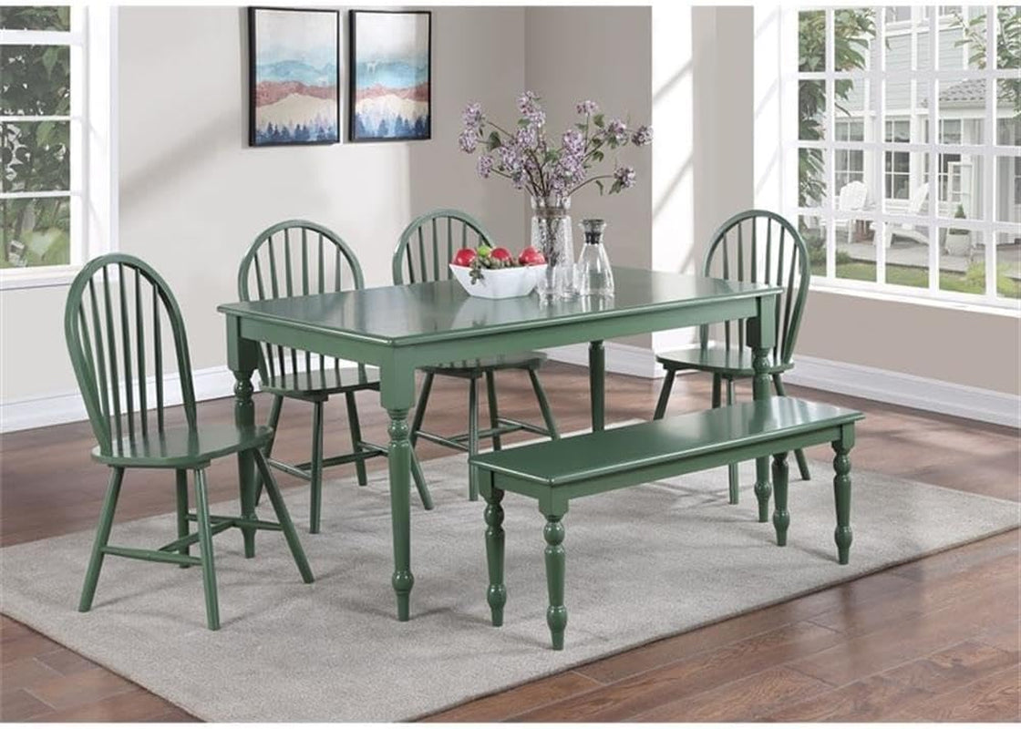 Green farmhouse dining set with table, four Windsor-style chairs and matching bench