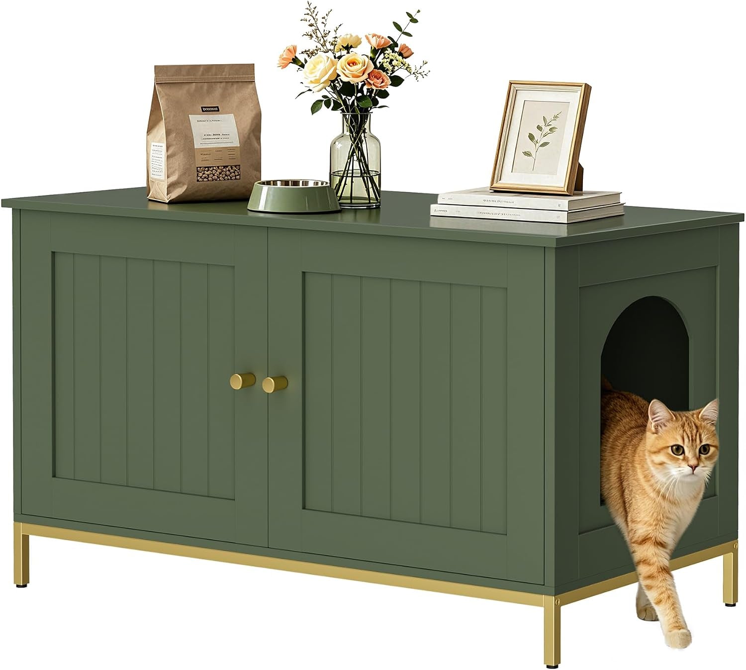 Green cabinet with cat stepping out of the arched side opening, tabletop styled with books and bowl