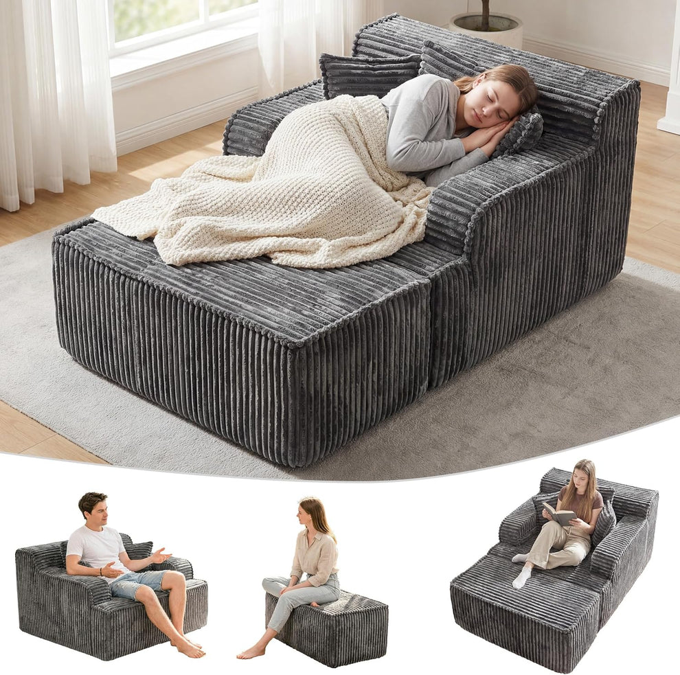 Gray corduroy chaise lounge with ottoman; woman asleep under a cream throw on top; three small thumbnails below.