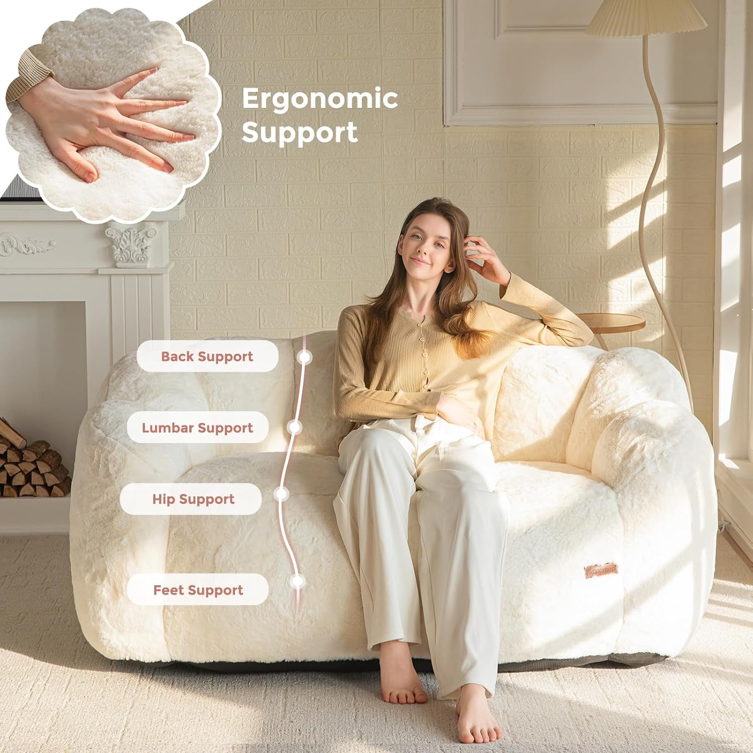 Close-up of faux fur texture with hand press and beige loveseat displaying lumbar and hip support labels