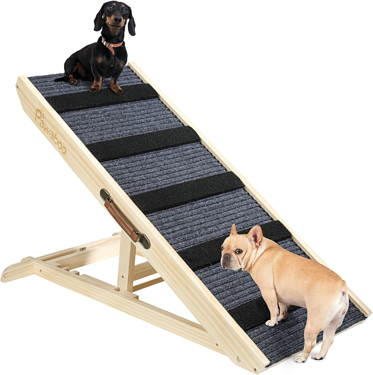Light natural wood ramp at steep angle with grey ribbed strips and two small dogs on the surface.