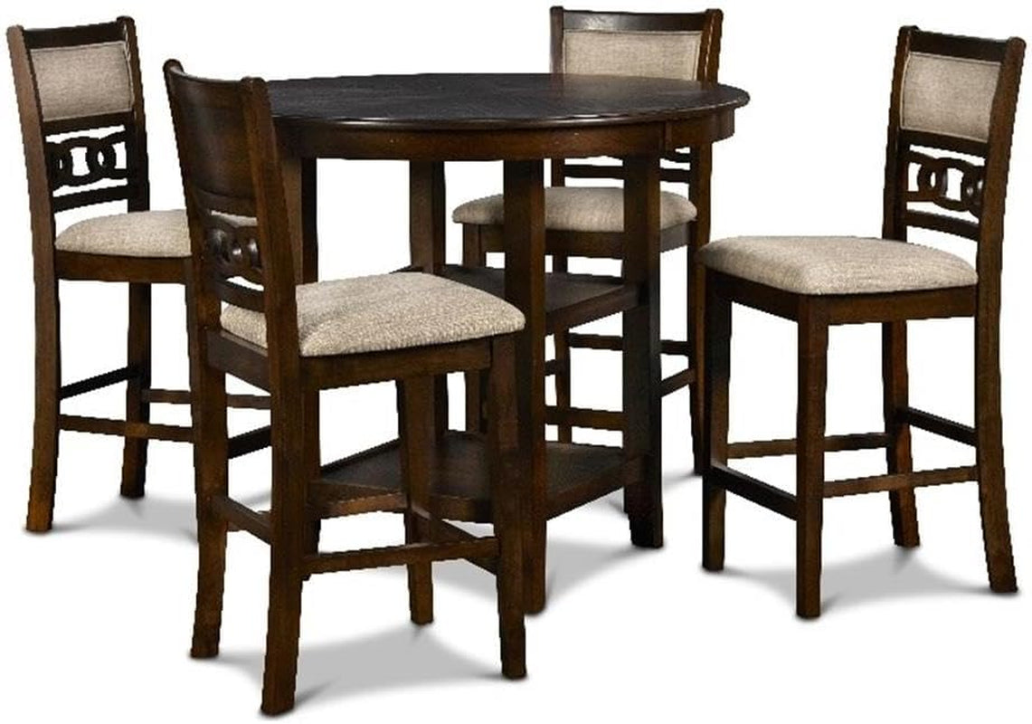 Round dark wood table with four matching chairs and light-beige upholstered seats, angled front view