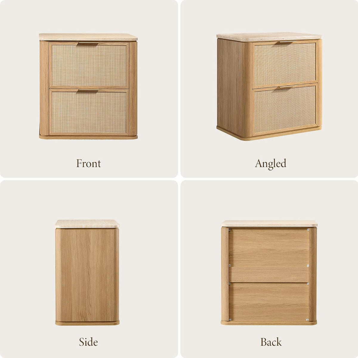 Four-panel collage showing the nightstand from front, angled, side, and back views in a light oak finish.