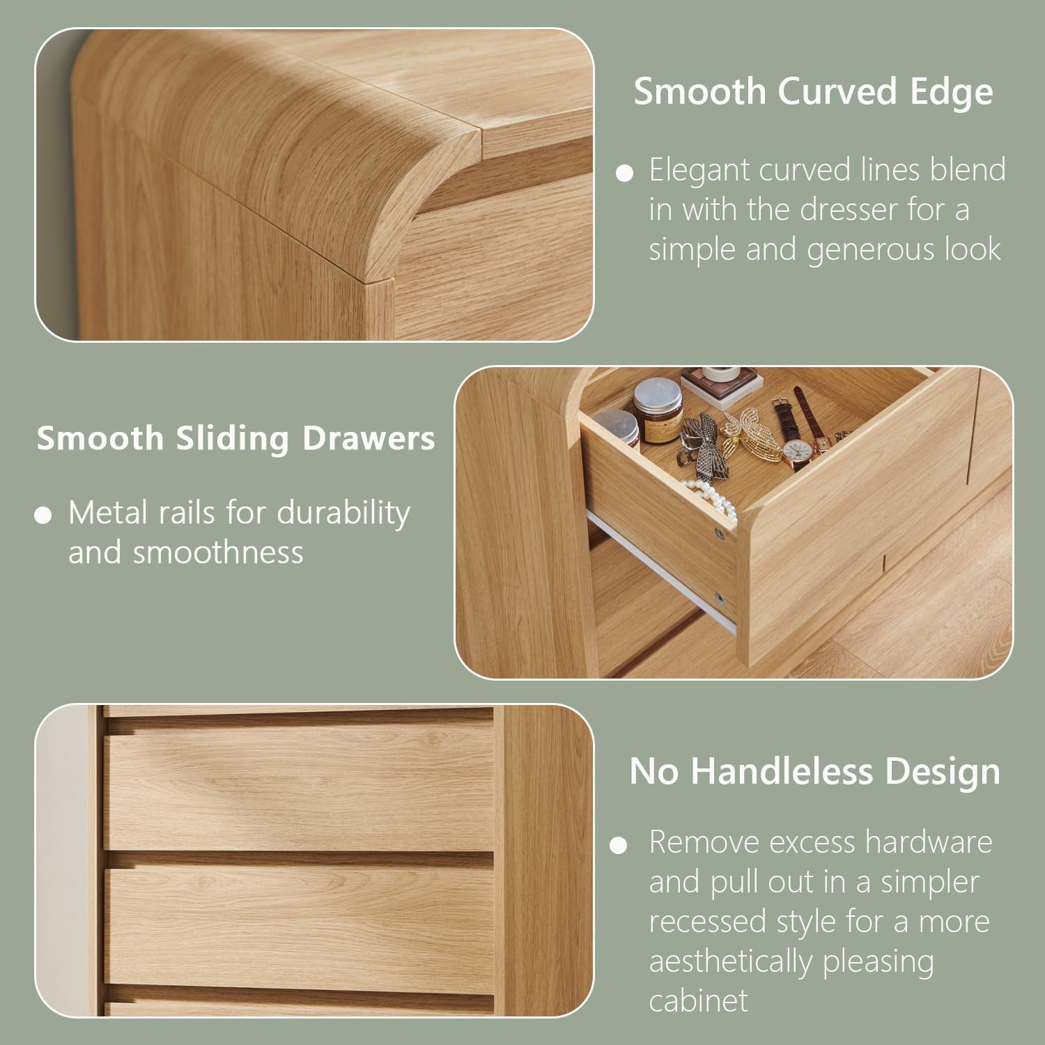Close-up of rounded corner and a partially open jewelry drawer showing metal slide rails