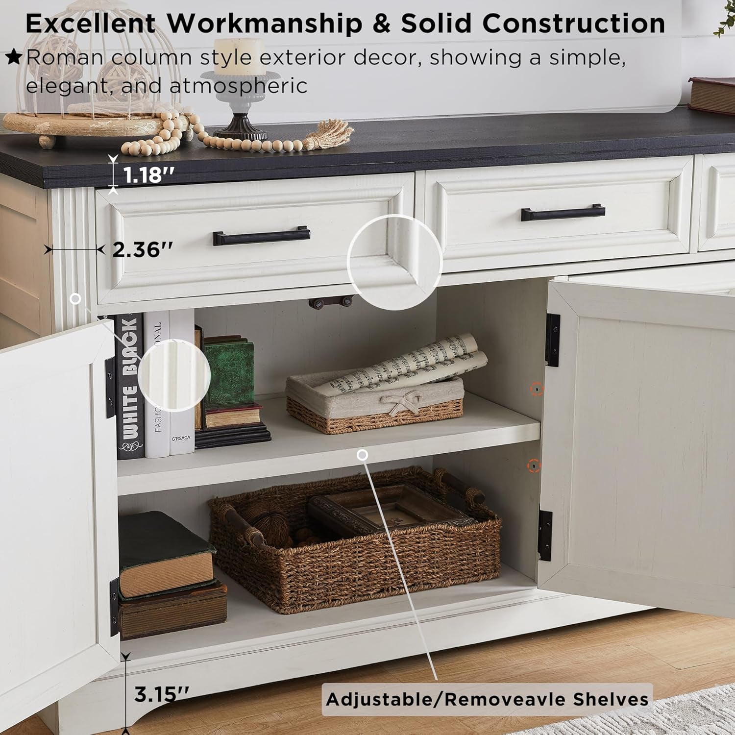 Close-up of the dark tabletop edge and white drawer front highlighting the column-style exterior detail and hardware