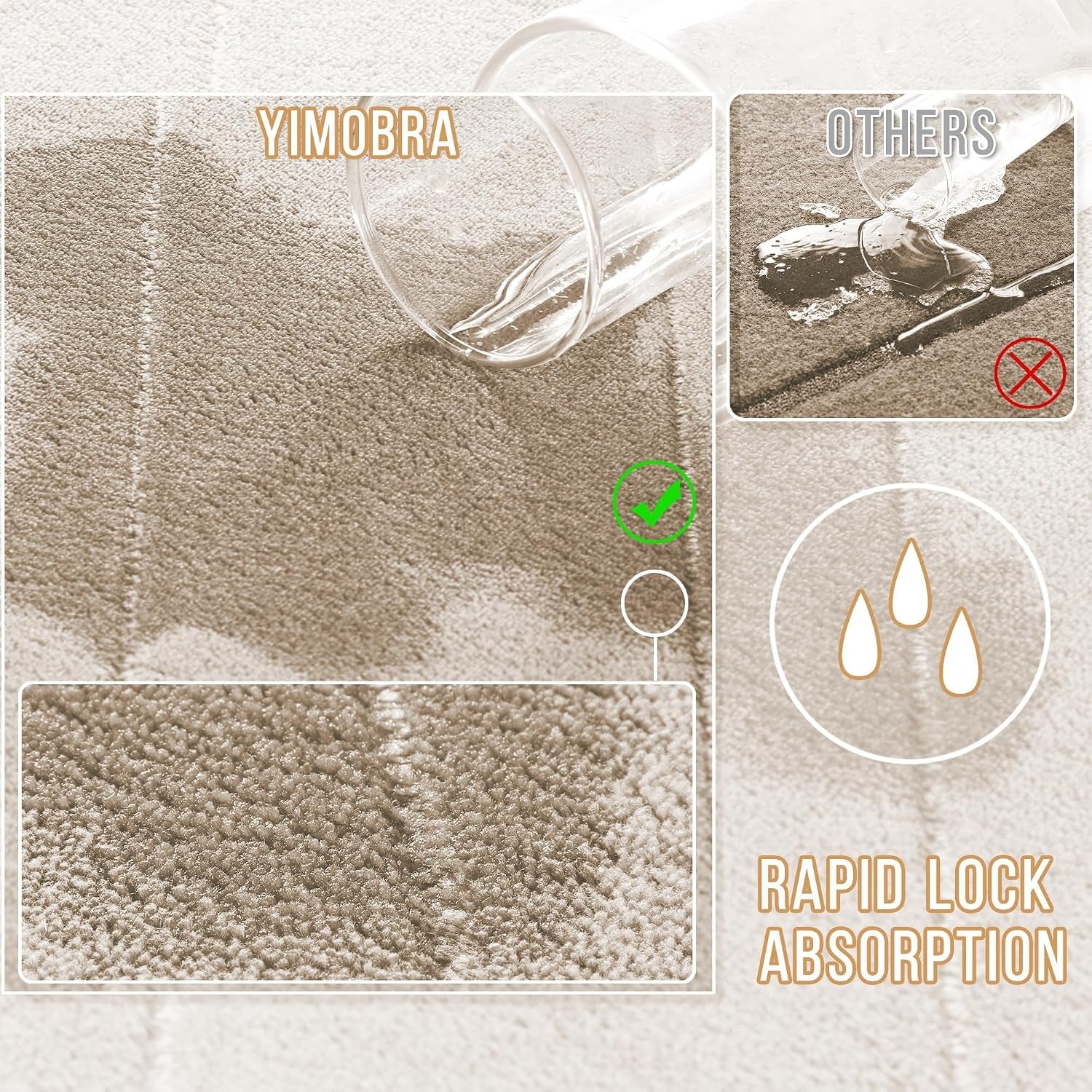 Macro view of beige rug pile with water being poured to show rapid absorption and surface texture