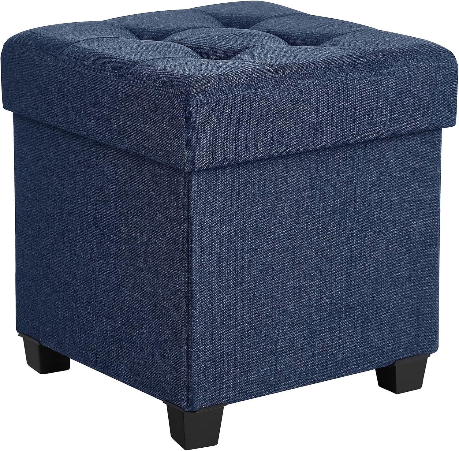 Tufted square storage ottoman in a deep navy linen-look fabric on short black legs