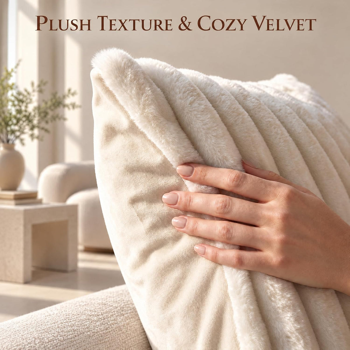 Close-up of a hand pressing the plush ribbed faux-fur pillow, showing soft velvet back